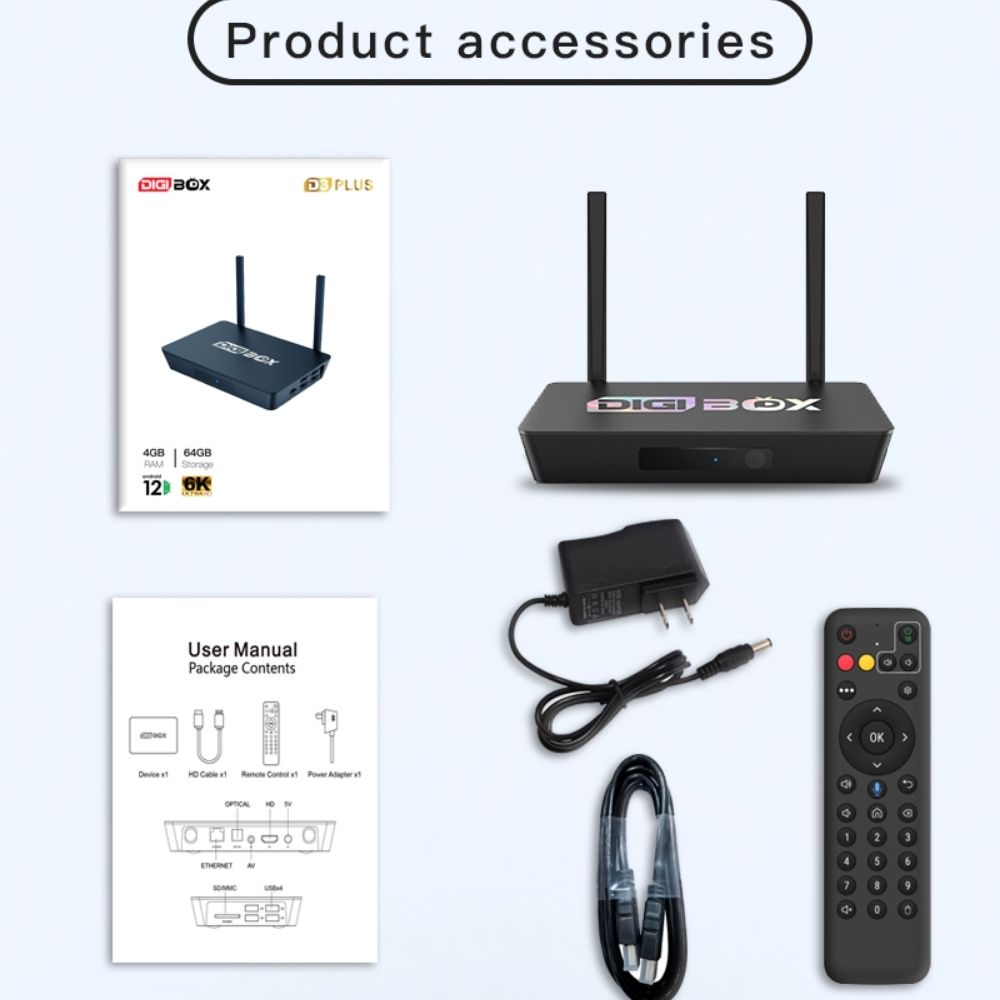 DIGIBOX D3 Plus 製品内容:本体、リモコン、電源アダプター、HDMIケーブル、取扱説明書がすべて含まれています