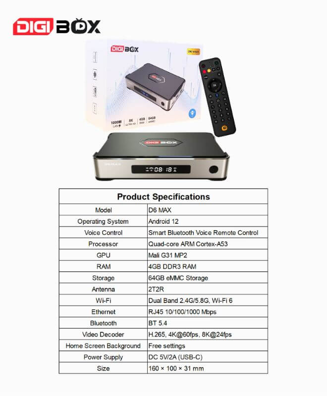 DIGIBOX D6MAXスマートTVボックス。スタイリッシュなデザインと多機能搭載。