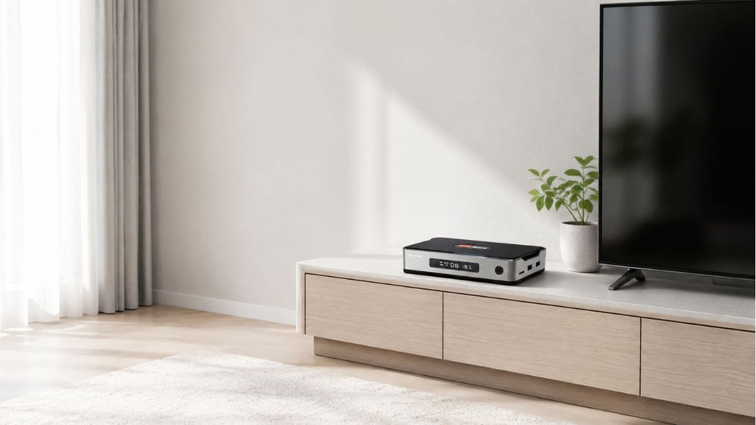 テレビの横に設置したDIGIBOX D6 MAXと安全な利用方法を確認するイメージ