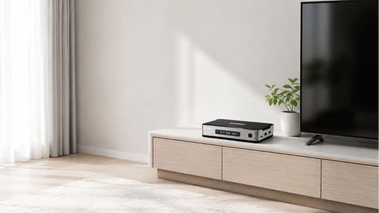 テレビの横に設置したDIGIBOX D6 MAXと安全な利用方法を確認するイメージ